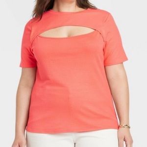 Women's Plus Size Slim Fit Short Sleeve Ribbed         T-Shirt  Coral [3X] [4X]